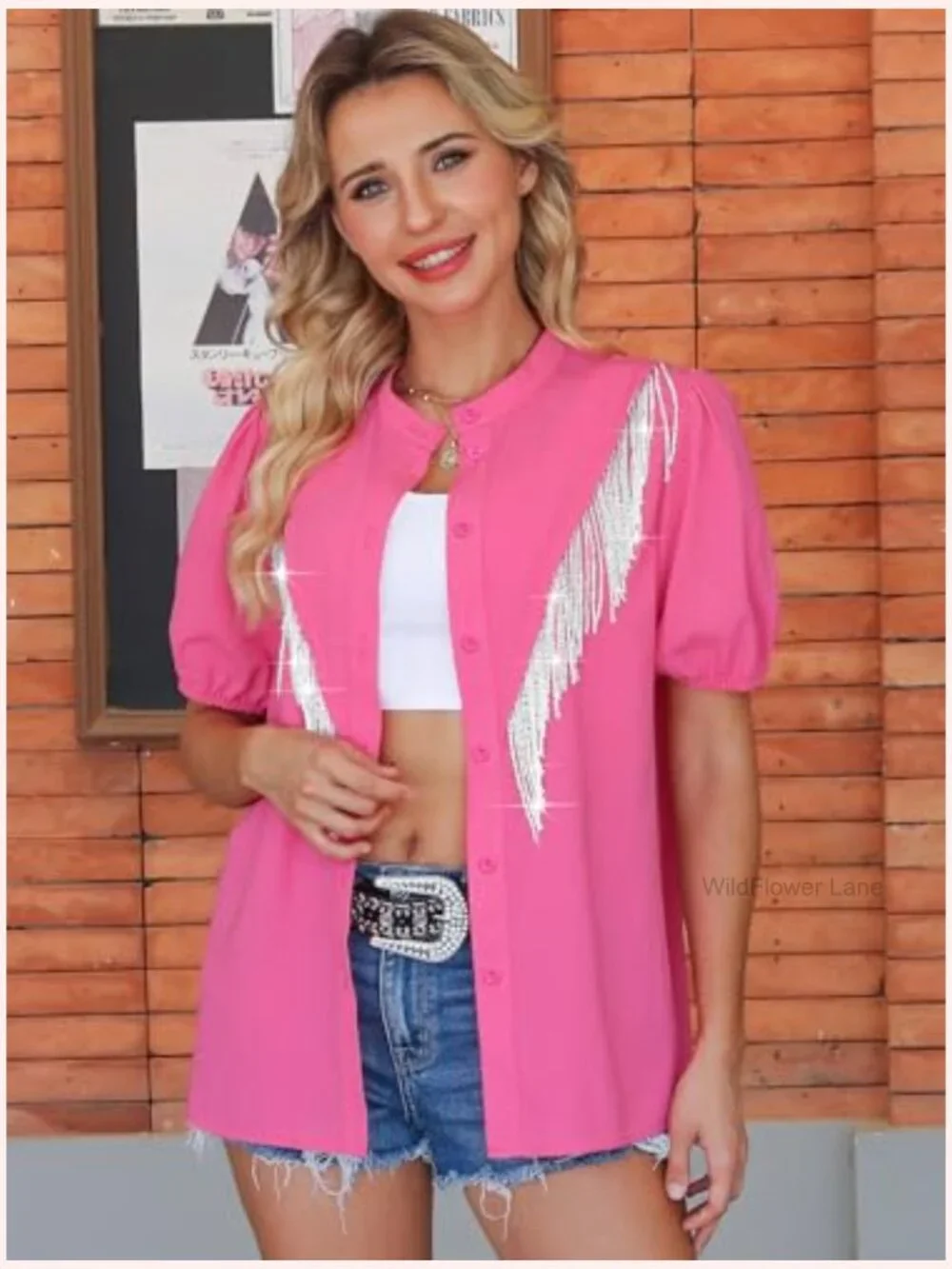Puff Sleeve Fringe Cowgirl Button Down Shirt - Picture 2 of 6